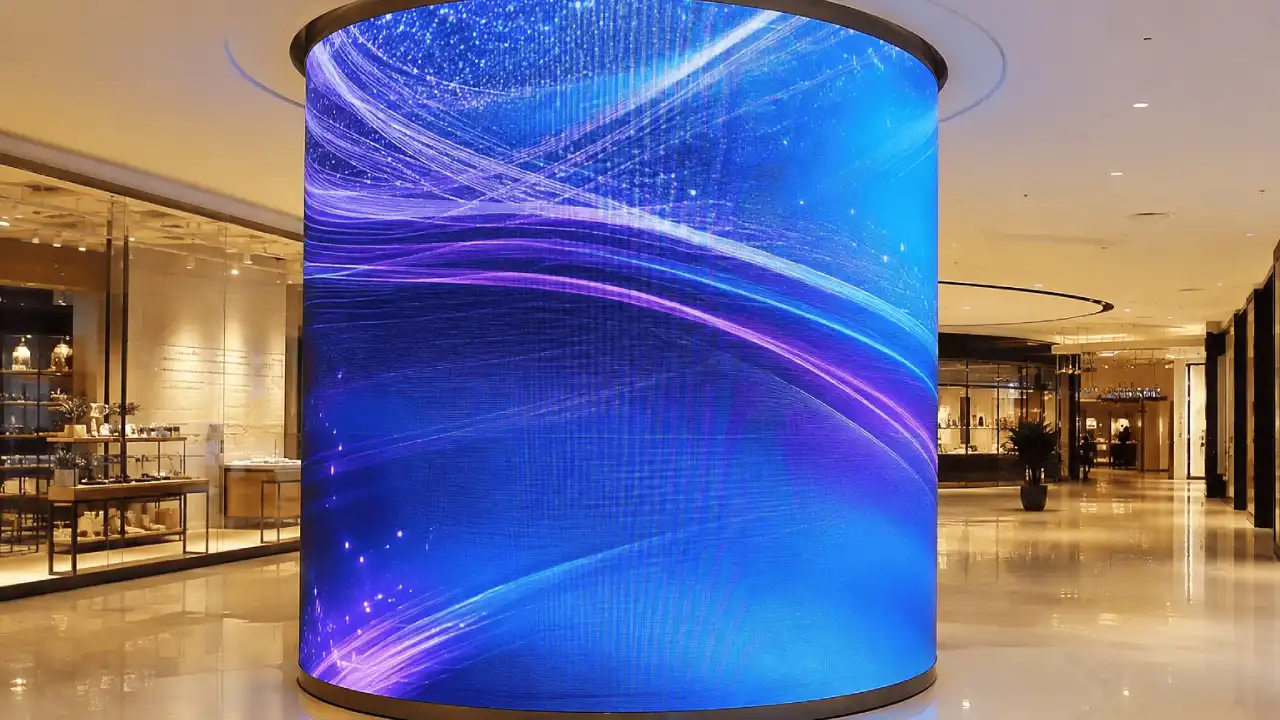 Écran LED flexible incurvé installé autour d’une colonne dans un centre commercial