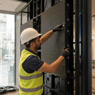 Chantier et installation écran LED vitrine pour magasin au Maroc